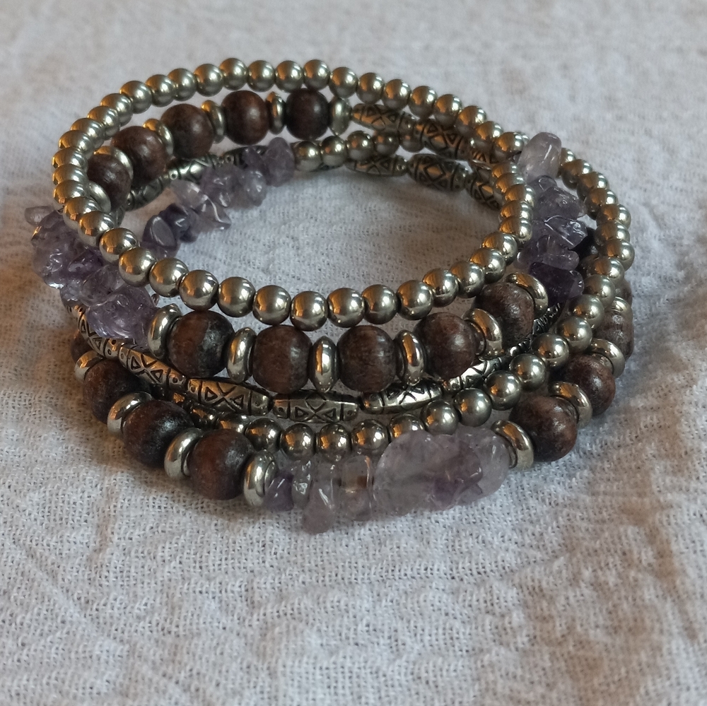 Silver Tone Wood & Amethyst Chip Wrap Bracelet